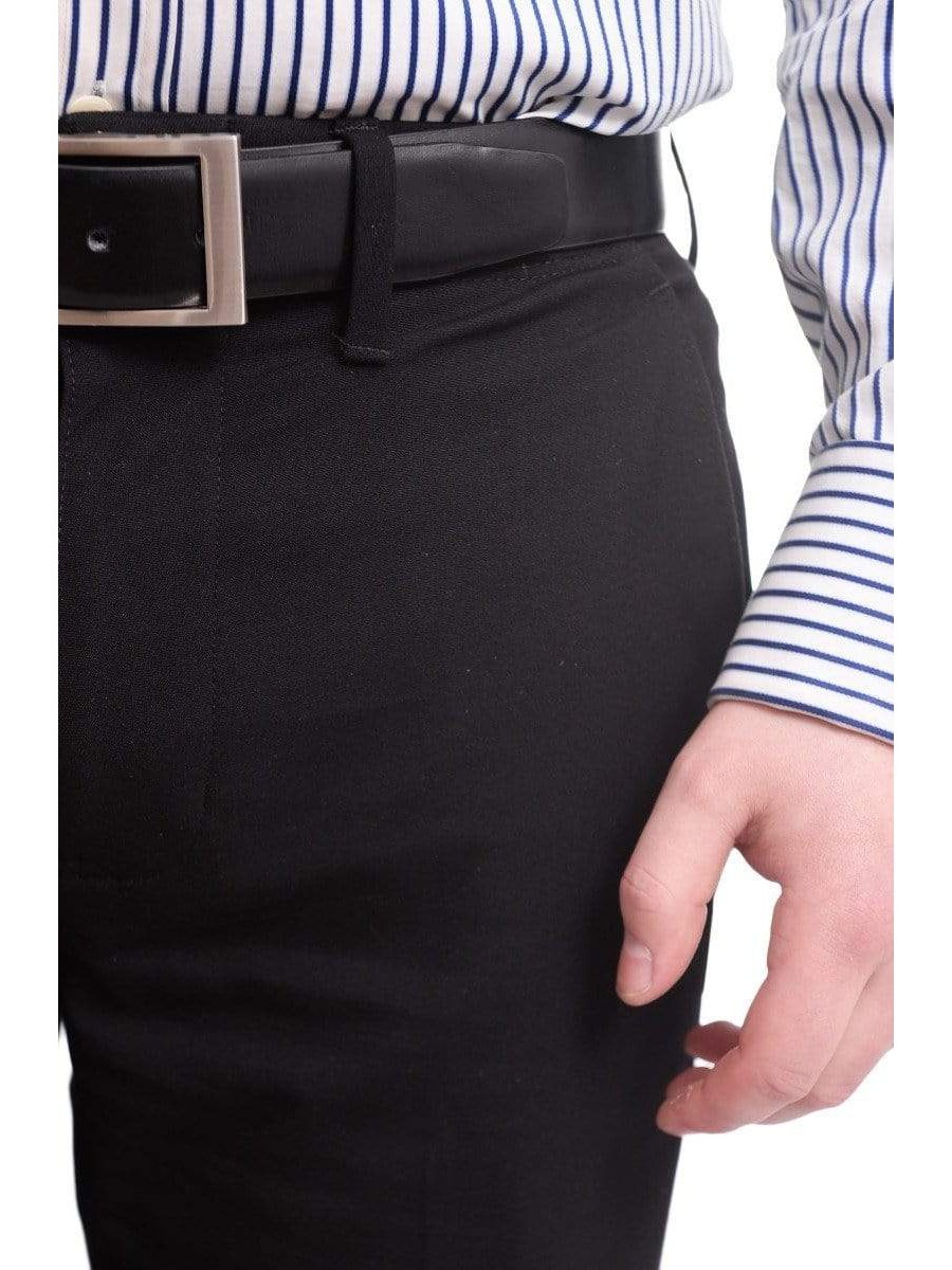 Mazari PANTS 42 / 32 / 42X32 Mazari Slim Fit Solid Black Flat Front Washable Stretch Dress Pants