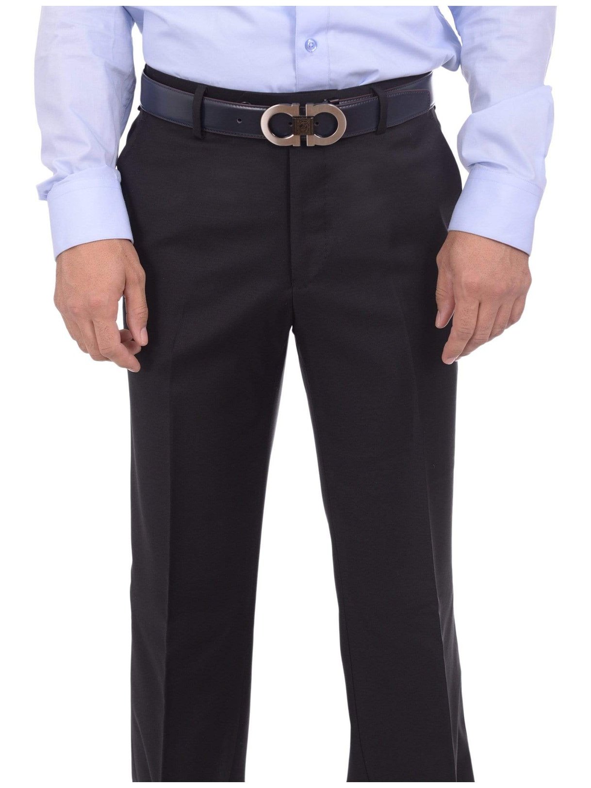 Mens Napoli Extra Slim Fit Solid Black Flat Front Wool Cashmere Dress Pants, 44