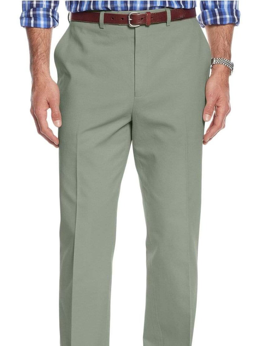 Michael Kors Regular Fit Solid Green Flat Front Washable Cotton Khakis Pants - The Suit Depot