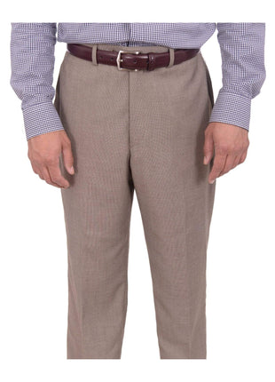 Michael Kors Regular Fit Tan Taupe Houndstooth Flat Front Washable Dress Pants - The Suit Depot