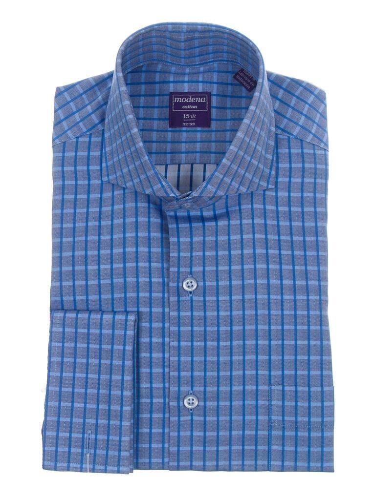 Modena Sale Shirts 16 1/2 36/37 Classic Fit Blue Herringbone Plaid French Cuff Cotton Dress Shirt