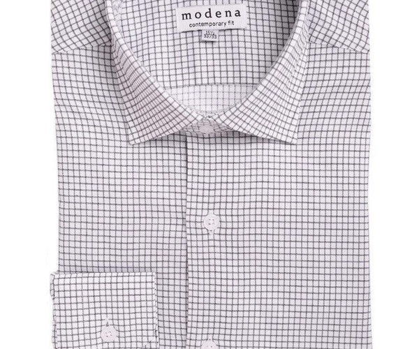 Mens Slim Fit Black & White Check Spread Collar Stretch Cotton Blend Dress Shirt, 15 / 34/35