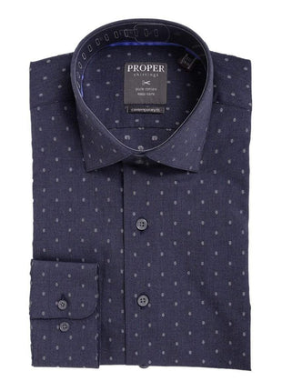 Mens Slim Fit Navy Blue With Oval Motif Spread Collar Cotton Dress Shirt - The Suit Depot
