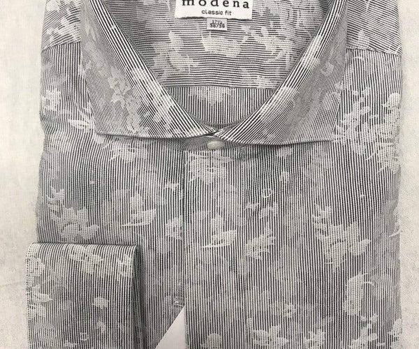Mens Classic Fit Black Pinstriped Floral French Cuff Cotton Blend Dress Shirt, 24 / 34/35