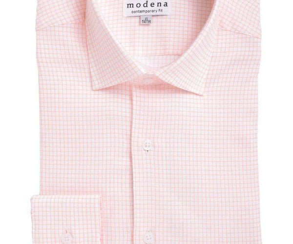 Mens Slim Fit Melon Orange Check Spread Collar Stretch Cotton Blend Dress Shirt, 15 1/2 / 32/33