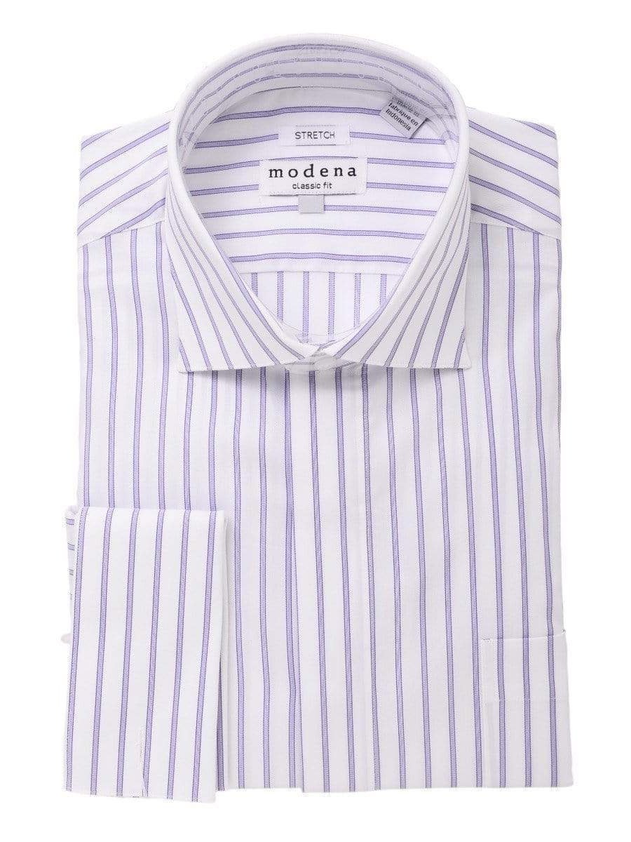 Modena SHIRTS 16 1/2 / 34/35 Mens Cotton Blend Purple Striped French Cuff Classic Fit Dress Shirt