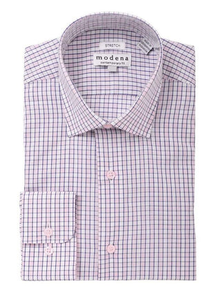 Modena SHIRTS 16 1/2 / 34/35 Mens Pink Check Cotton Blend Spread Collar Modern Fit Dress Shirt