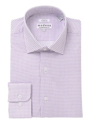 Modena SHIRTS 16 1/2 36/37 Mens Cotton Purple Check Slim Fit Spread Collar Stretch Dress Shirt