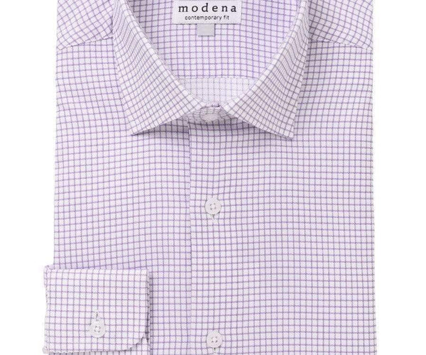 Mens Cotton Purple Check Slim Fit Spread Collar Stretch Dress Shirt, 14 1/2 / 32/33