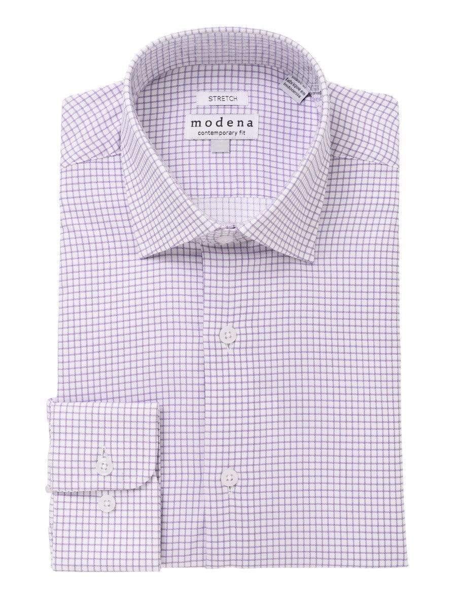 Modena SHIRTS 16 1/2 36/37 Mens Cotton Purple Check Slim Fit Spread Collar Stretch Dress Shirt