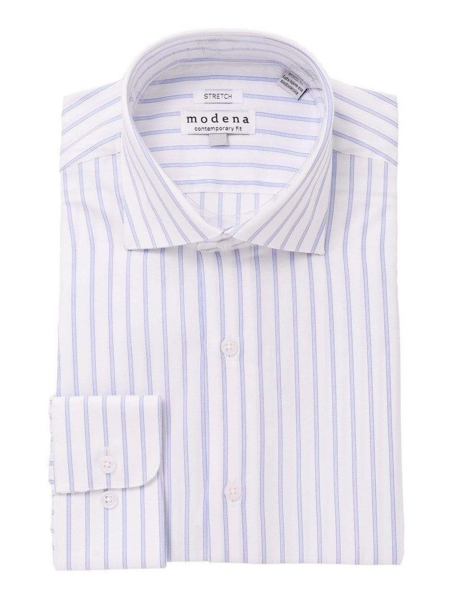 Modena SHIRTS 18 1/2 / 36/37 Mens Cotton Blend Blue Striped Slim Fit Spread Collar Dress Shirt