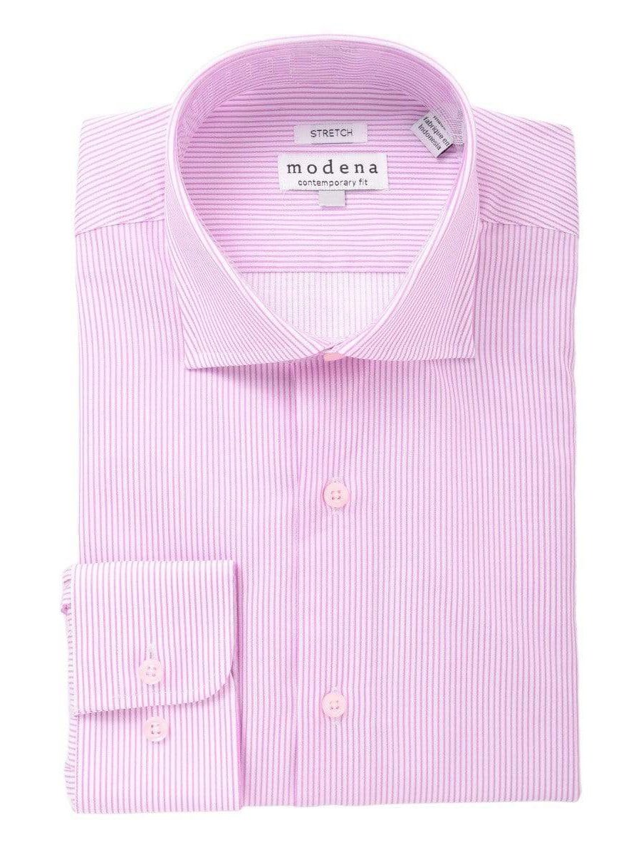 Modena Mens Cotton Blend Pink Striped Slim Fit Stretch Dress Shirt - The Suit Depot