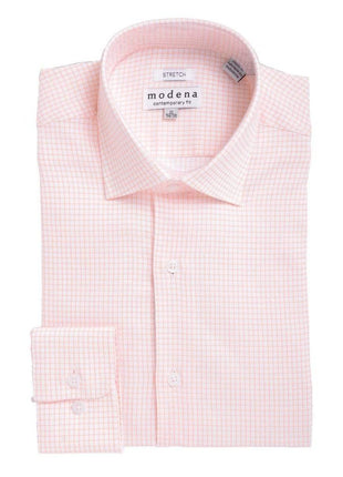 Modena SHIRTS 20 / 34/35 Mens Slim Fit Melon Orange Check Spread Collar Stretch Cotton Blend Dress Shirt