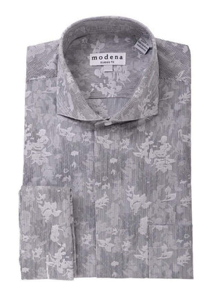 Modena SHIRTS Mens Classic Fit Black Pinstriped Floral French Cuff Cotton Blend Dress Shirt