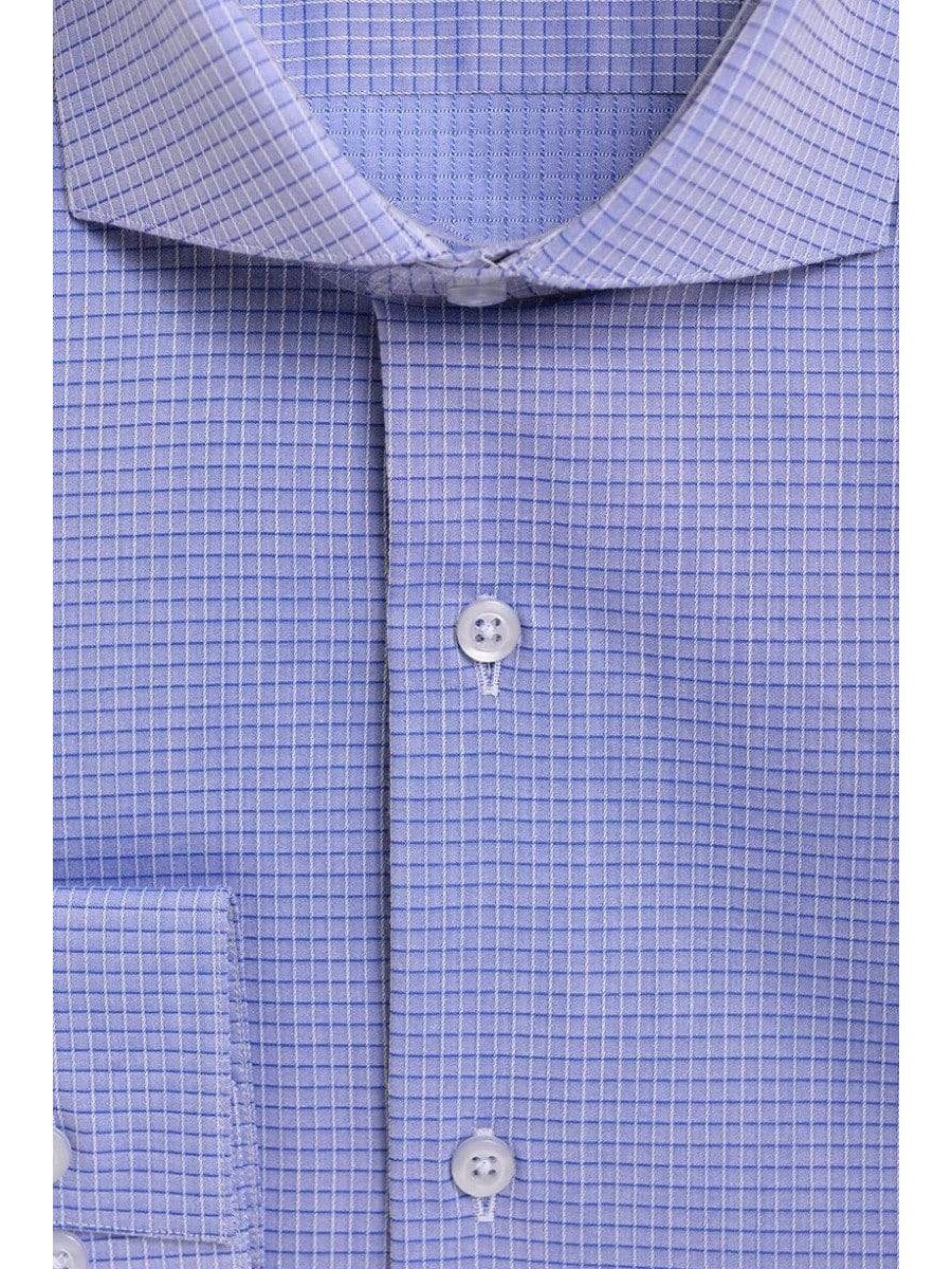 Mens Slim Fit Blue Check Cutaway Collar Cotton Blend Stretch Dress Shirt, 15 / 32/33 Mens Slim Fit Blue Check Cutaway Collar Cotton Blend Stretch Dress Shirt, 15 / 32/33