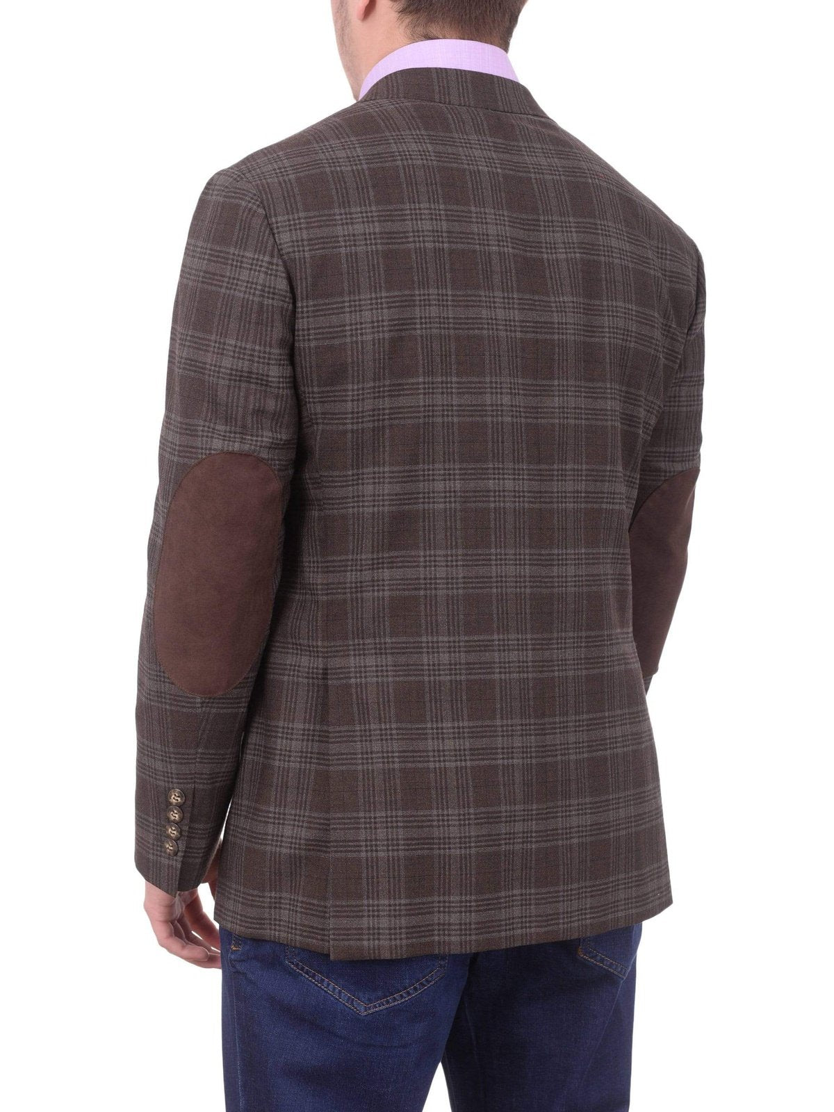 Napoli BLAZERS Mens Napoli Brown Plaid Half Canvassed Wool Blazer Sportcoat With Elbow Patches