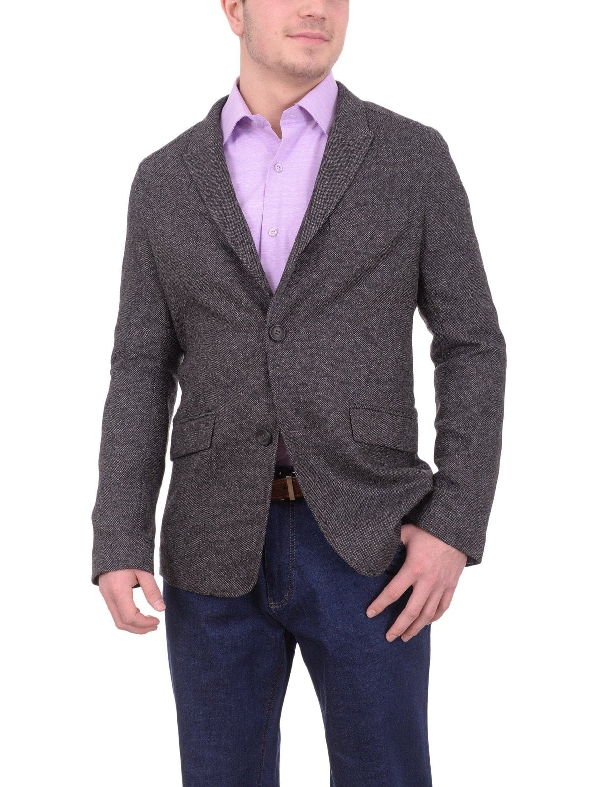Napoli BLAZERS Mens Napoli Charcoal Textured Flannel Wool Sportcoat With Elbow Patches