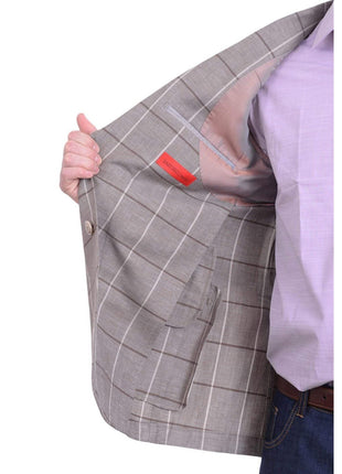 Napoli BLAZERS Mens Napoli Taupe Windowpane Half Lined Wool Linen Blend Blazer Sportcoat