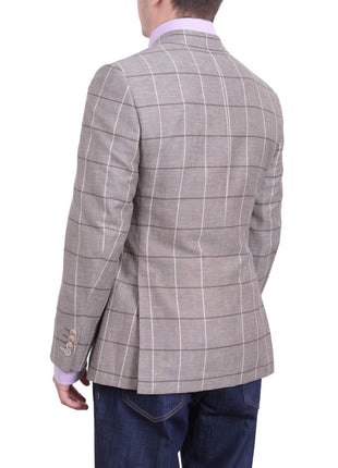 Napoli BLAZERS Mens Napoli Taupe Windowpane Half Lined Wool Linen Blend Blazer Sportcoat