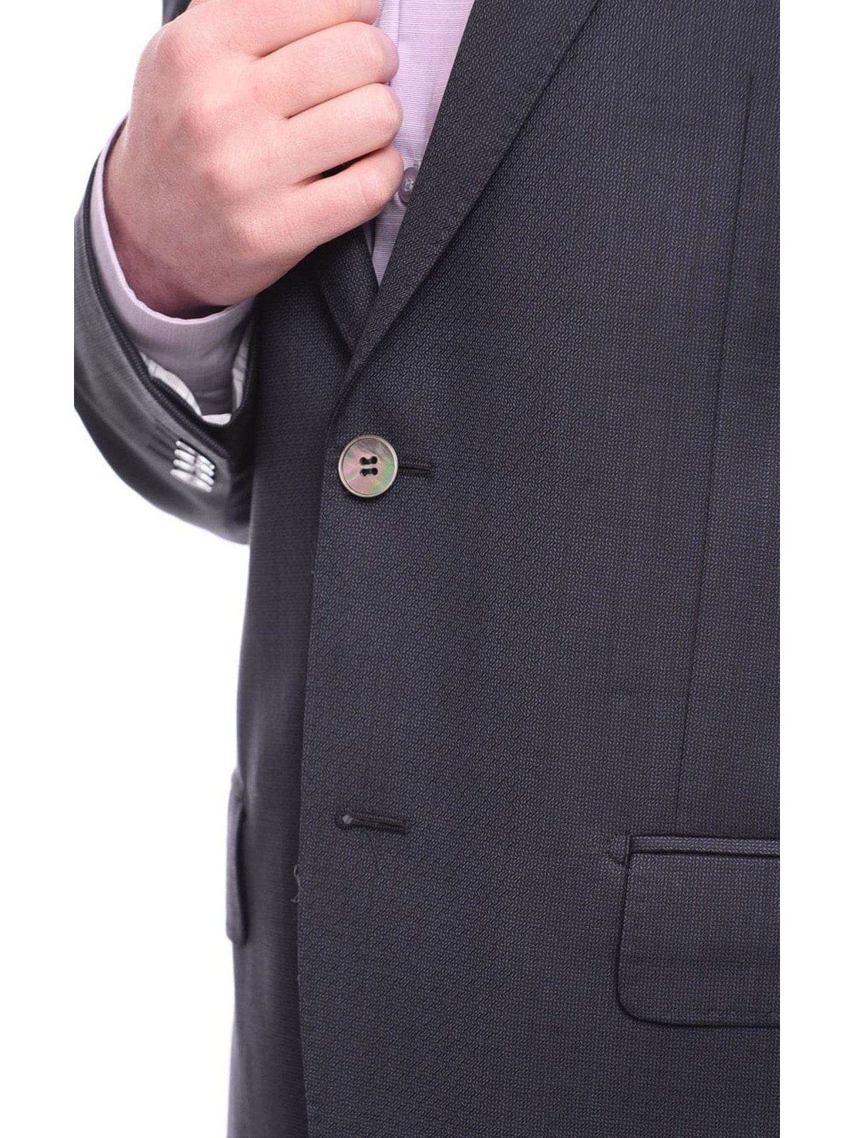 Close up of lapel and buttons of Navy Blue Basket Weave Half Canvassed Reda Wool Blazer