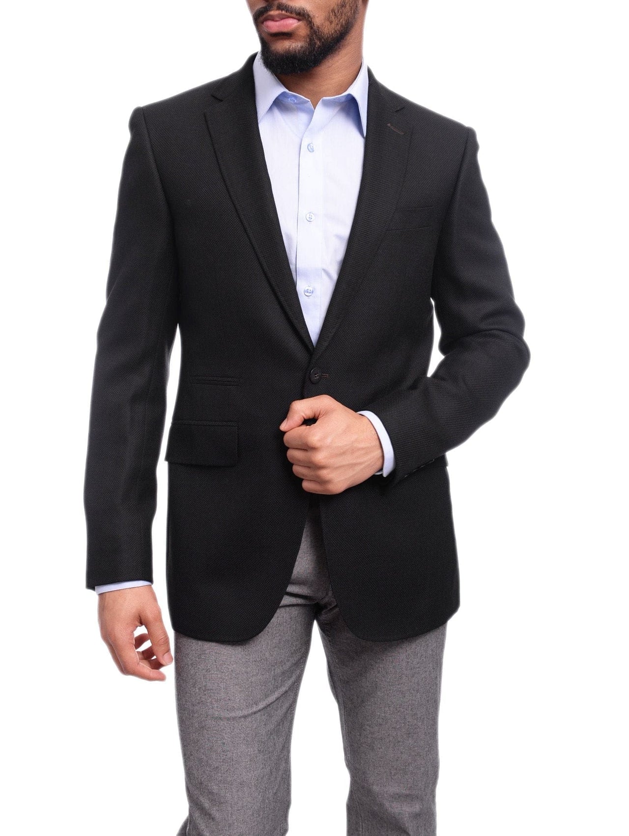 Napoli BLAZERS Napoli Slim Fit Black Basket Weave Half Cavassed Tallia Delfino Wool Blazer