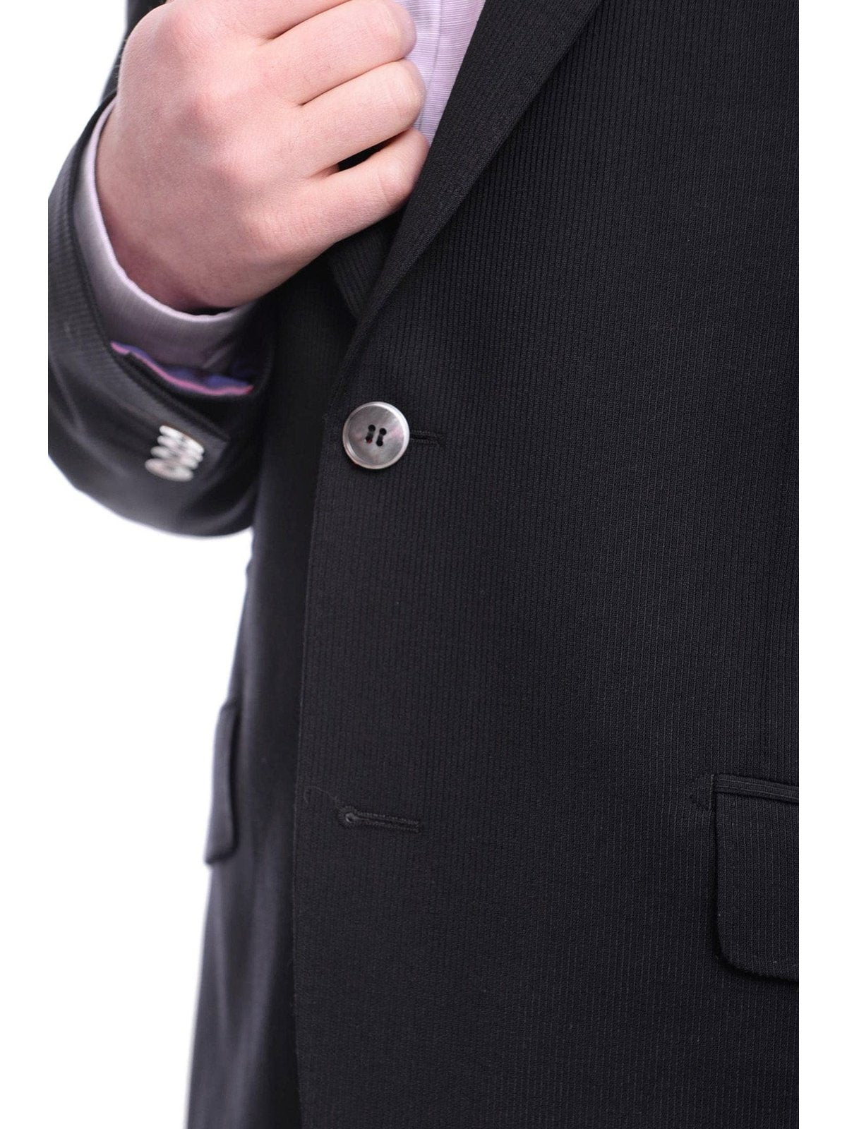 close up of buttons and lapel of slim fit black tonal stripe blazer