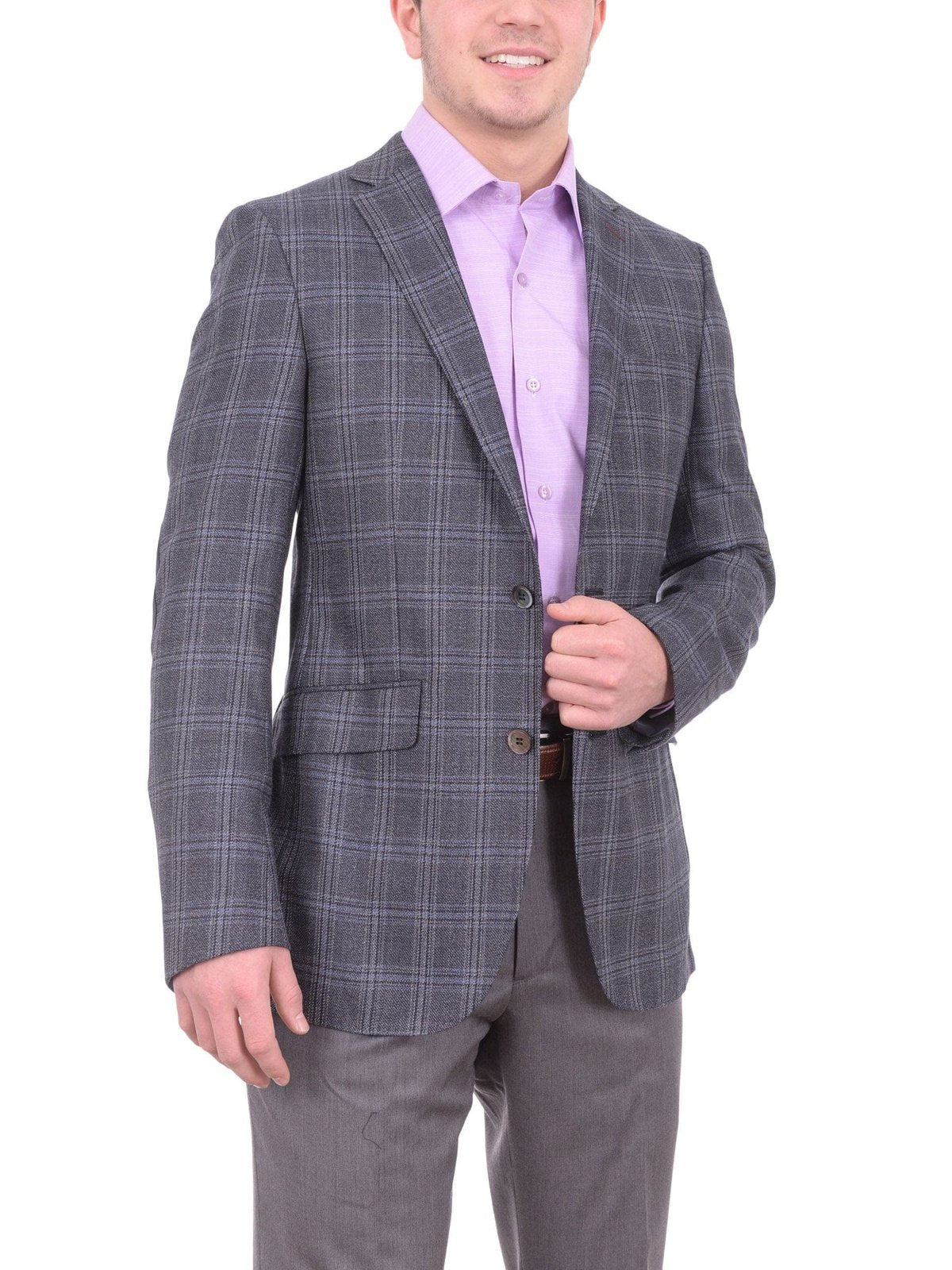 Napoli BLAZERS Napoli Slim Fit Blue & Gray Plaid Half Canvassed Silk Wool Blazer Sportcoat