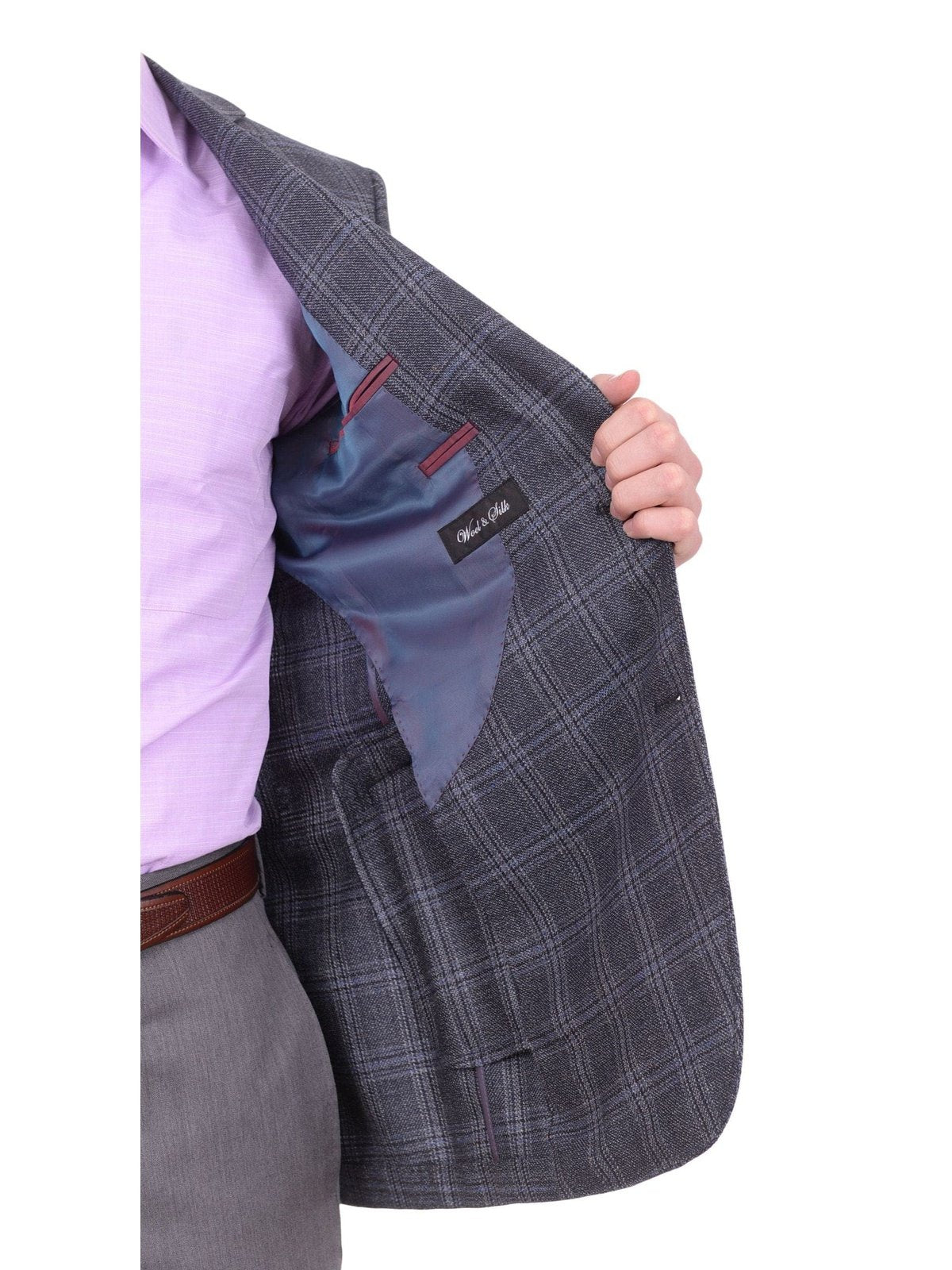 Napoli BLAZERS Napoli Slim Fit Blue & Gray Plaid Half Canvassed Silk Wool Blazer Sportcoat