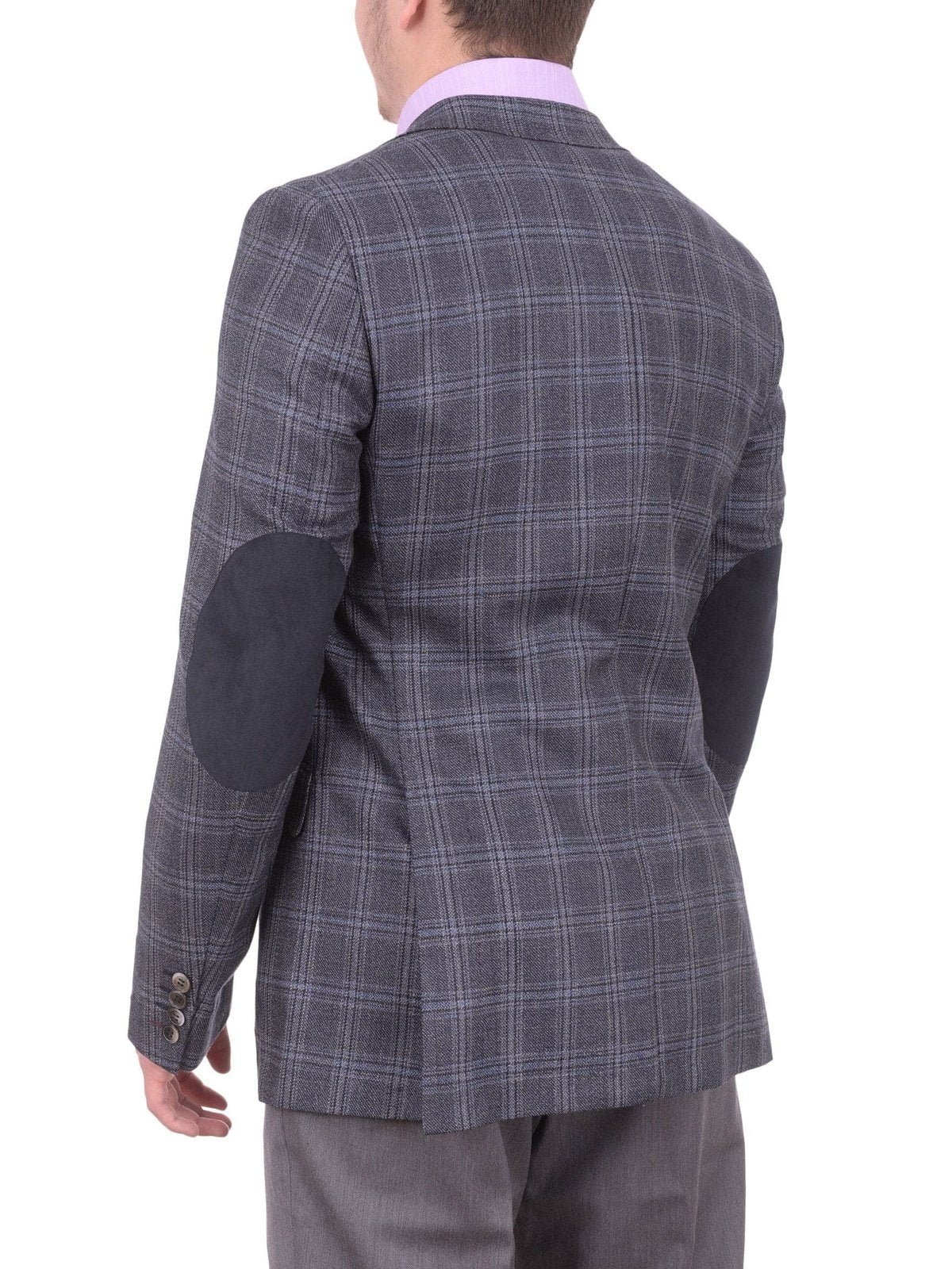 Napoli BLAZERS Napoli Slim Fit Blue & Gray Plaid Half Canvassed Silk Wool Blazer Sportcoat