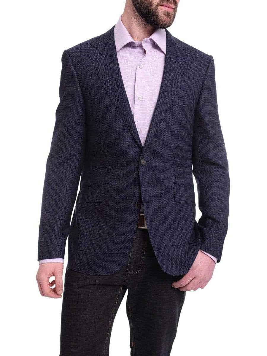 Napoli Slim Fit Blue Textured Two Button Half Canvassed Wool Blazer Sportcoat - The Suit Depot