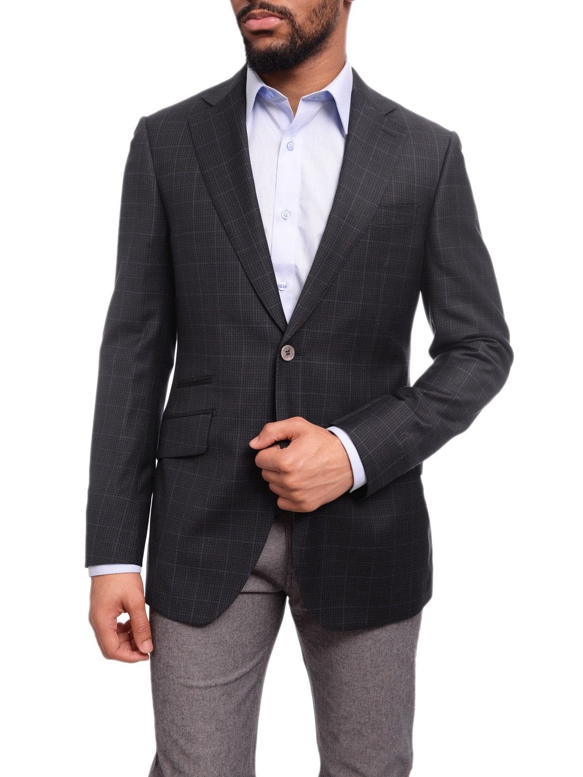 Napoli BLAZERS Napoli Slim Fit Blue Windowpane Plaid Half Canvassed Super 150s Wool Blazer