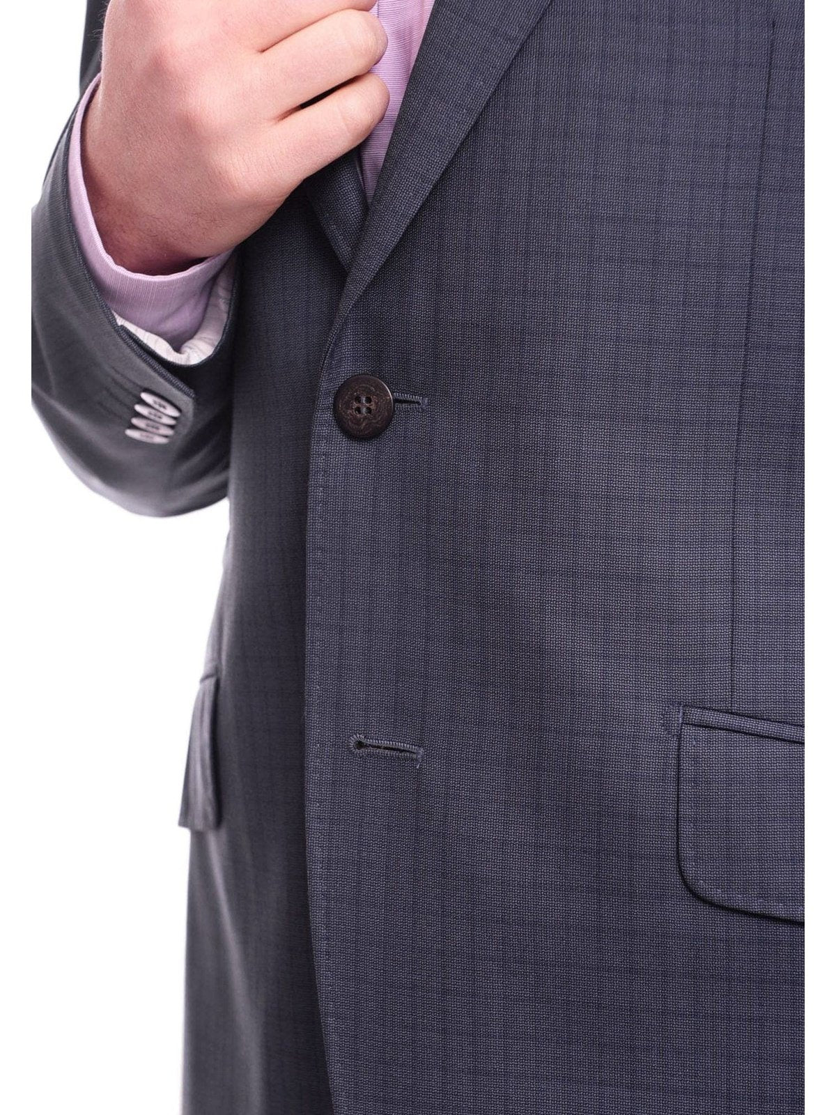 Close Up of Buttons and Lapel of Slim Fit Navy Blue Check Half Canvassed Zegna Wool Blazer