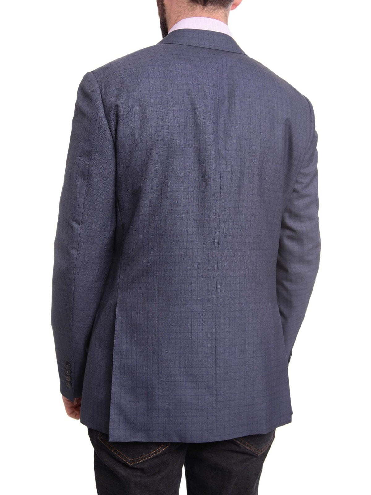 Back View of Slim Fit Navy Blue Check Half Canvassed Zegna Wool Blazer