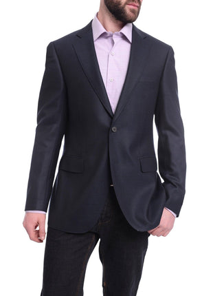 Napoli BLAZERS Napoli Slim Fit Navy Blue Textured Two Button Half Canvassed Reda Wool Blazer