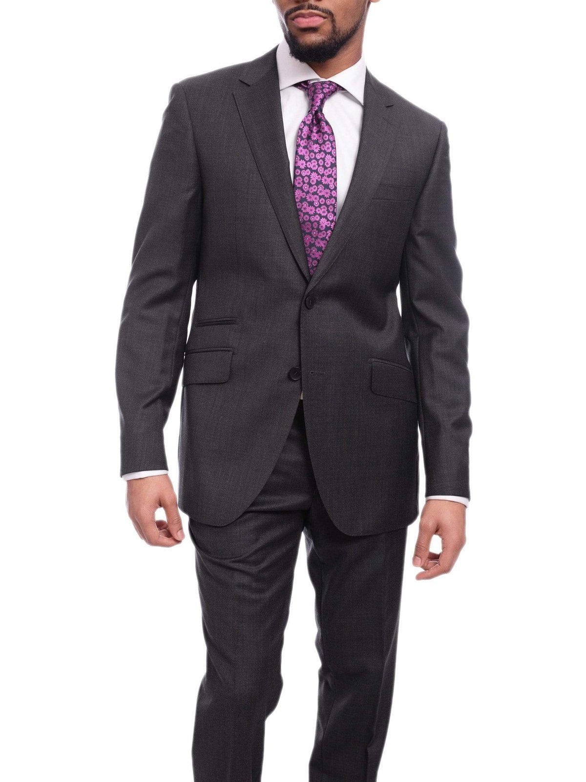 Napoli Men&#39;s Napoli Slim Fit Gray Windowpane Plaid Super 150s 100% Italian Wool Suit