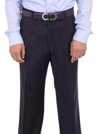 Mens Napoli Extra Slim Fit Solid Navy Blue Super 150s Wool Cashmere Dress Pants