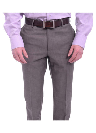 Napoli PANTS Mens Napoli Slim Fit Light Brown Harringbone Flat Front Wool Dress Pants