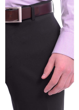 Napoli PANTS Mens Napoli Slim Fit Solid Navy Blue Flat Front Wool Dress Pants