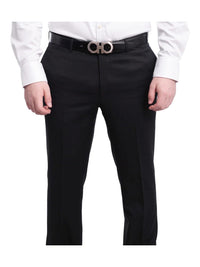 Thumbnail for Napoli Slim Fit Black Textured Flat Front Wool Dress Pants - The Suit Depot