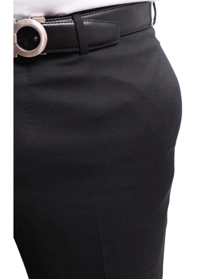 Napoli Slim Fit Black Textured Flat Front Wool Dress Pants - The Suit Depot