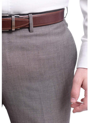 Napoli PANTS Napoli Slim Fit Brown Herringbone Flat Front Wool Dress Pants