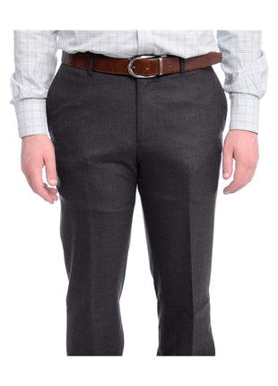 Napoli PANTS Napoli Slim Fit Solid Charcoal Gray Flat Front Flannel Wool Dress Pants