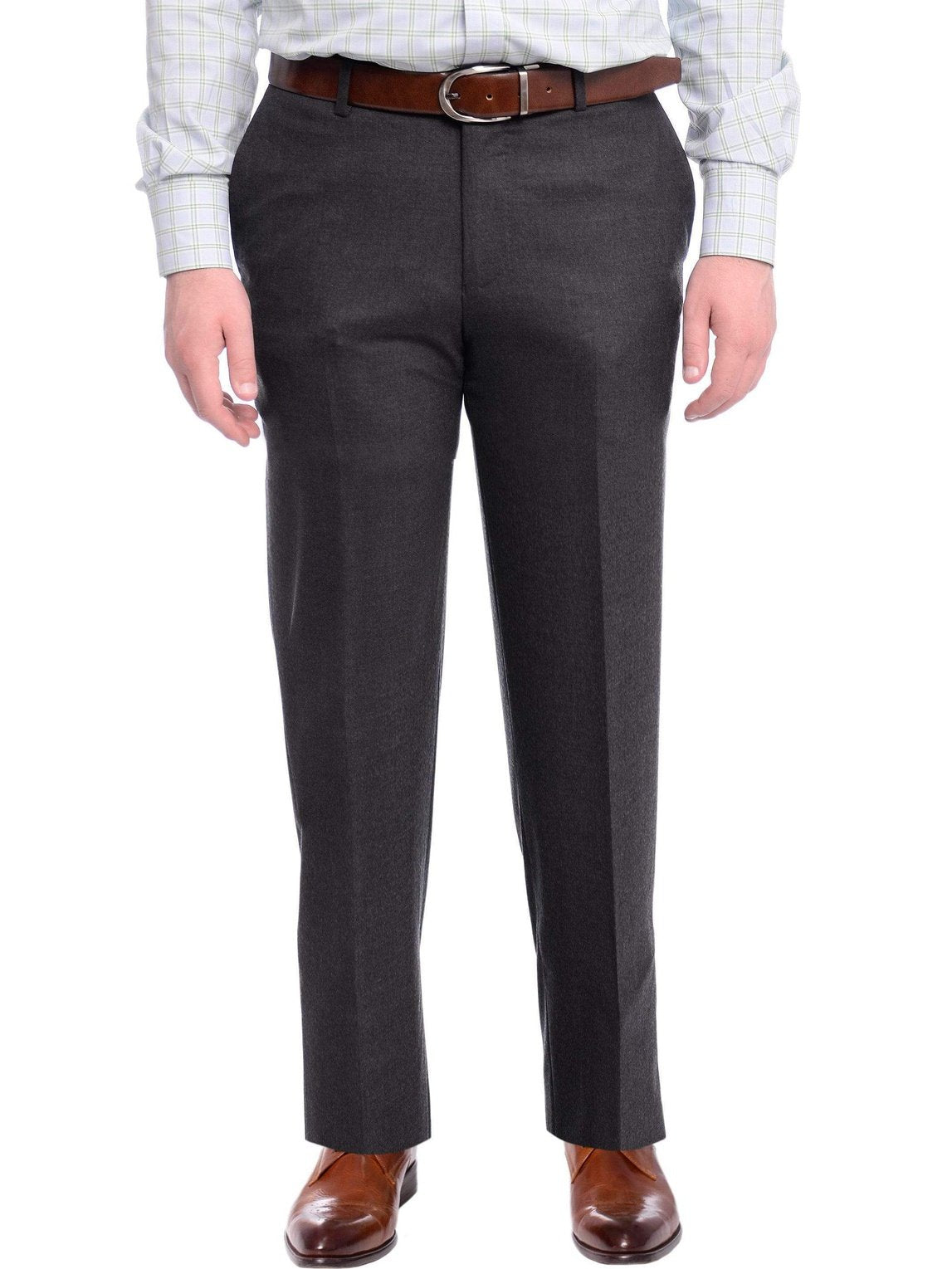 Napoli PANTS Napoli Slim Fit Solid Charcoal Gray Flat Front Flannel Wool Dress Pants