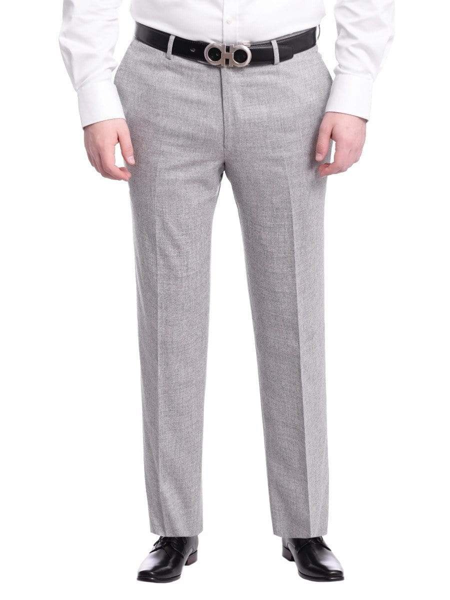 Napoli PANTS Napoli Slim Fit Solid Heather Light Gray Flat Front Wool Dress Pants