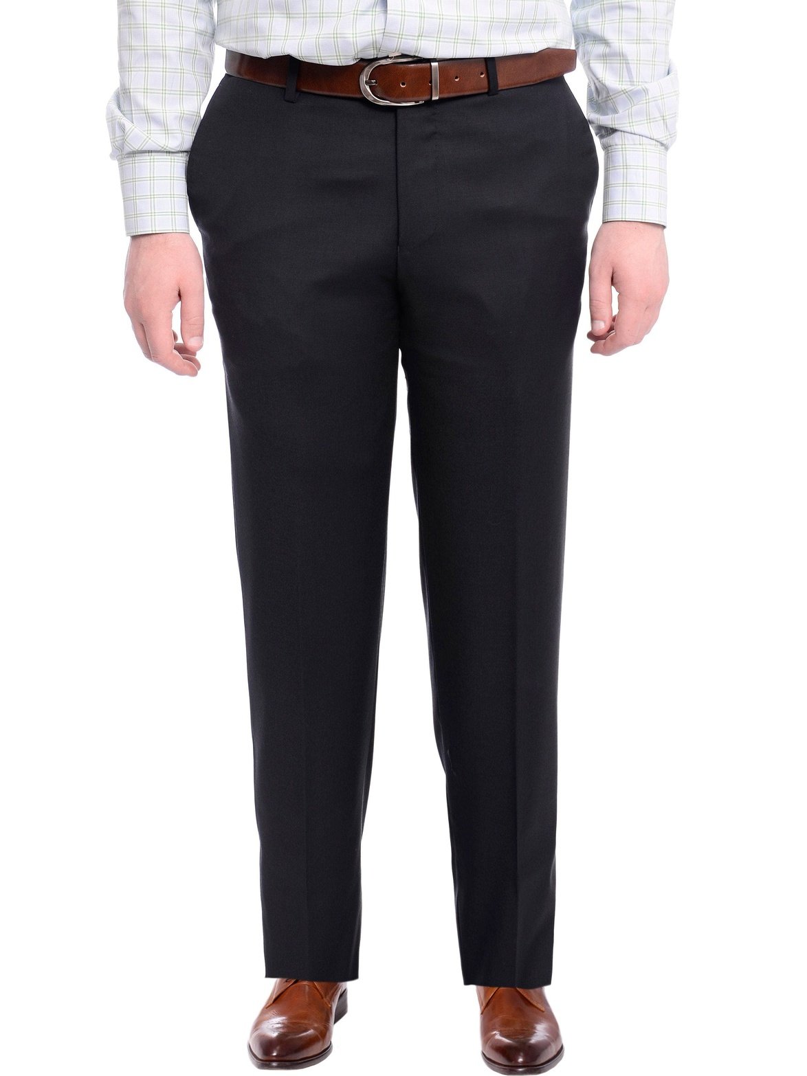 Napoli PANTS Napoli Slim Fit Solid Navy Blue Flat Front Wool Dress Pants