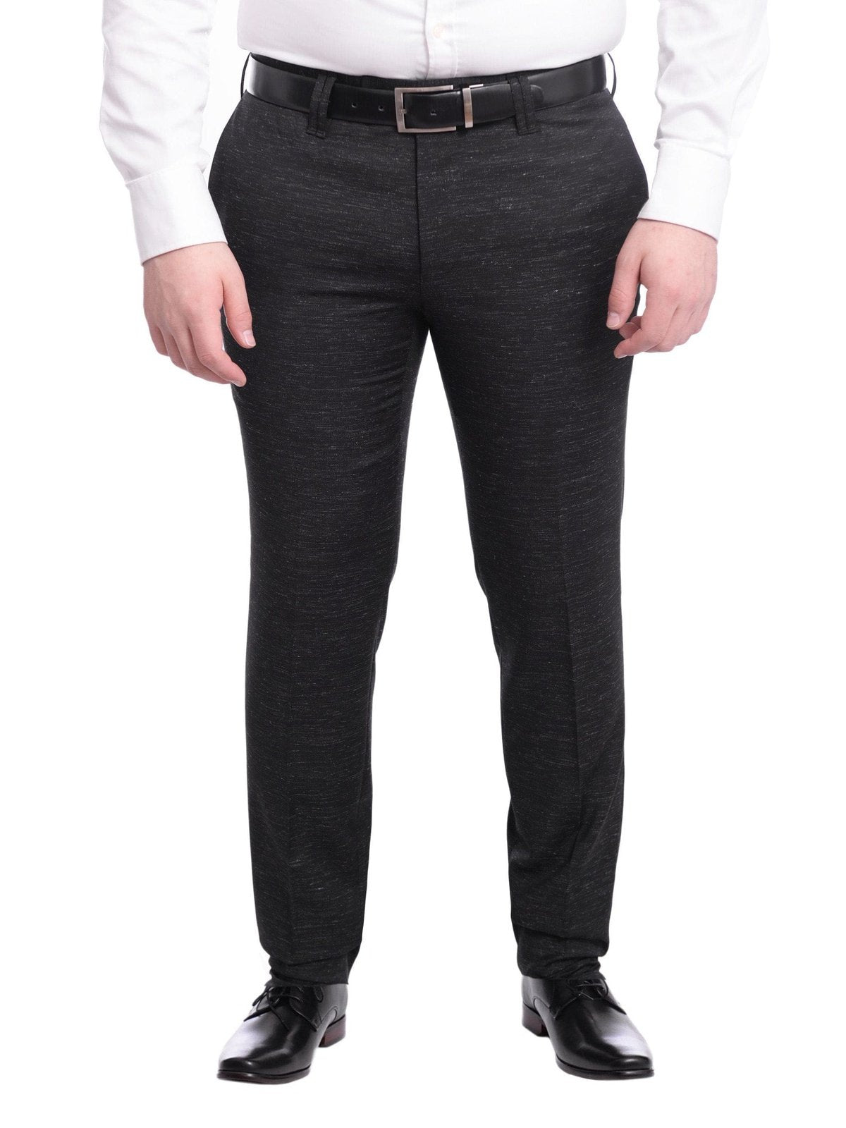 Napoli PANTS Napoli Slim Fit Textured Black Flat Front Wool Dress Pants