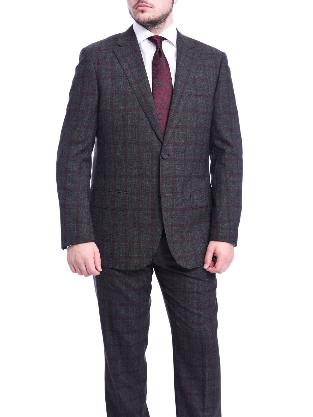 Napoli Sale Suits Napoli Classic Fit Gray &amp; Red Glen Plaid Half Canvassed Super 150s Wool Suit