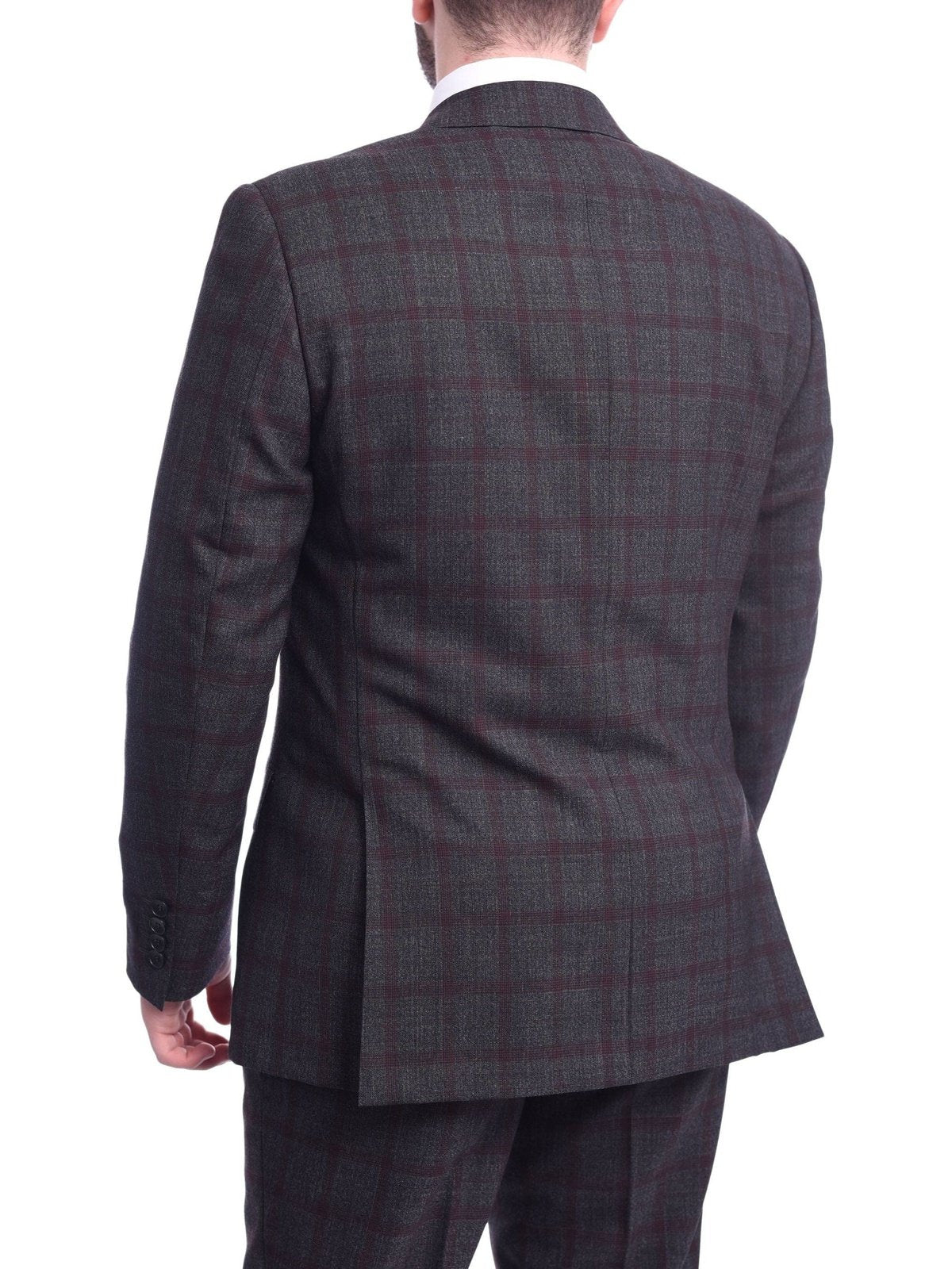 Napoli Sale Suits Napoli Classic Fit Gray & Red Glen Plaid Half Canvassed Super 150s Wool Suit
