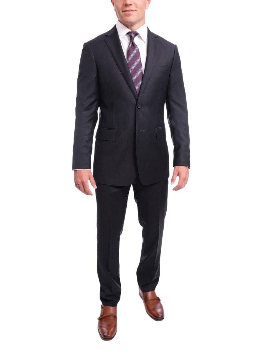 Napoli Sale Suits Napoli Slim Fit Solid Navy Blue Two Button Half Canvassed Wool Blend Suit