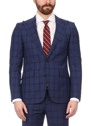 Napoli SUITS Napoli Mens Blue Plaid Half Canvassed 100% Italian Wool Slim Fit Suit
